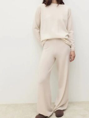 MNG Women’s XS Cream Ribbed Straight Leg Pants Elastic Waist Soft Lounge Casual